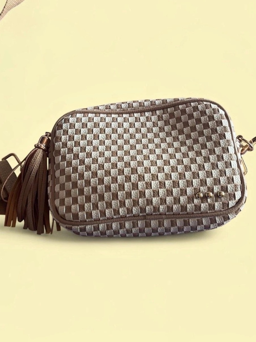 Pretty Simple Woven Willow Camera Crossbody Bag Brown & White